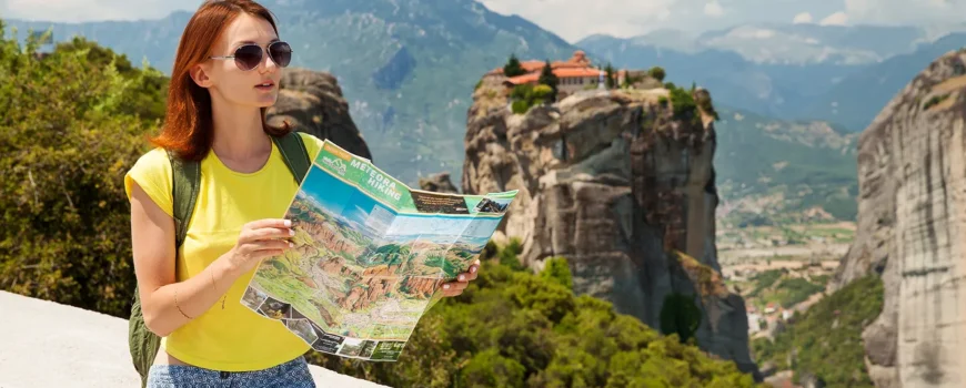 Beautiful tourist greece with meteora monasteries background 870x350